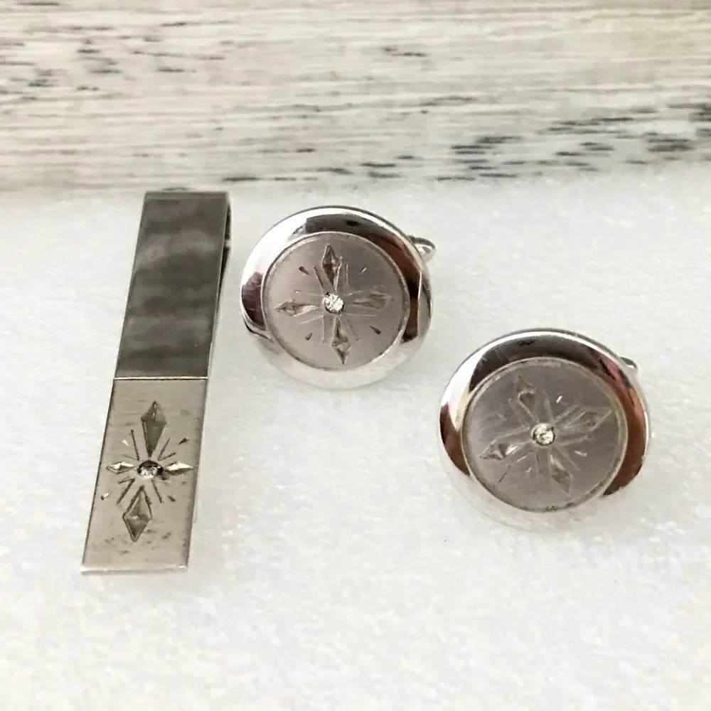 Vintage Kreisler 925 Sterling Silver Diamond Cufflinks Tie Bar Set 1206